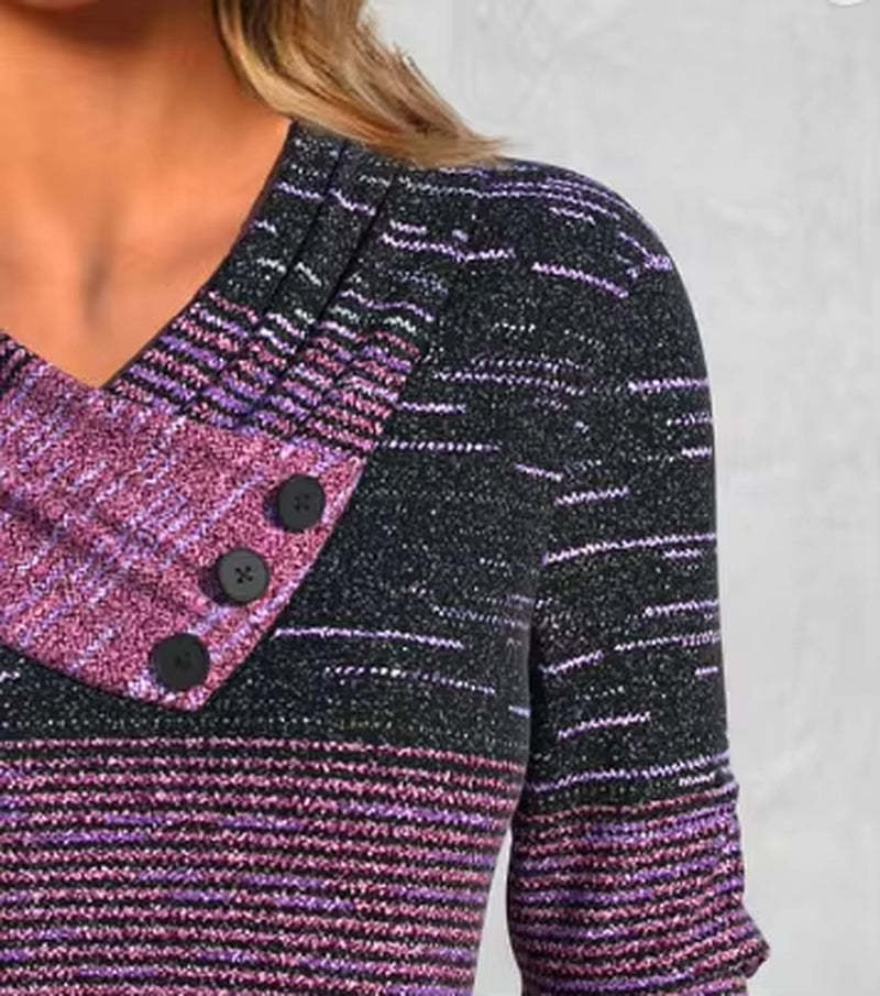 Women'S Autumn and Winter Contrast Striped Button Design V-Neck Long-Sleeved T-Shirt