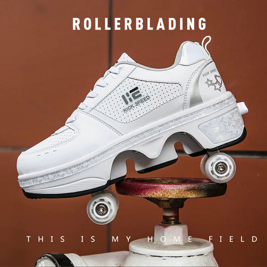 PU Wheels Deformation Roller Shoes Parkour Shoes 4 Wheels Rounds of Running Shoes Roller Skates Shoes for Unisex Skating Shoes