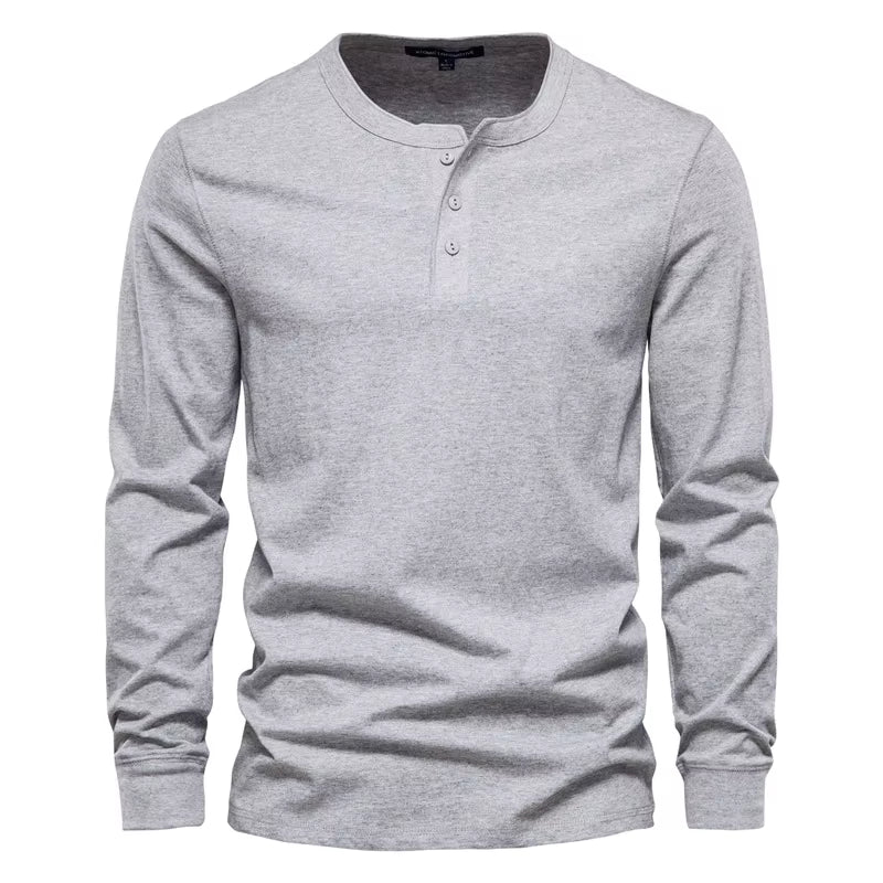 Henley Collar T Shirt Men Casual Solid Color Long Sleeve T Shirt for Men Autumn High Quality 100% Cotton Mens T Shirts