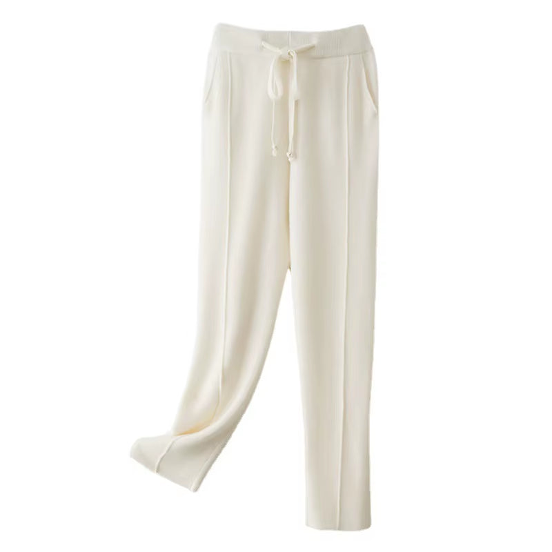 Autumn Winter Women'S Wool Pants Heavyweight Knitted Casual Pants Women Solid Color Drawstring Straight Warm Trousers 100% Wool