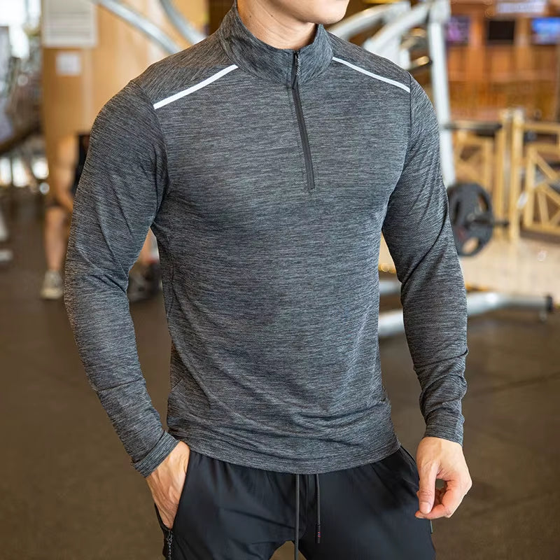 Quick Dry Breathable Running Shirt Men Bodybuilding Sport T-Shirt Long Sleeve Gym Fitness Zipper Stand Collar Autumn Winter