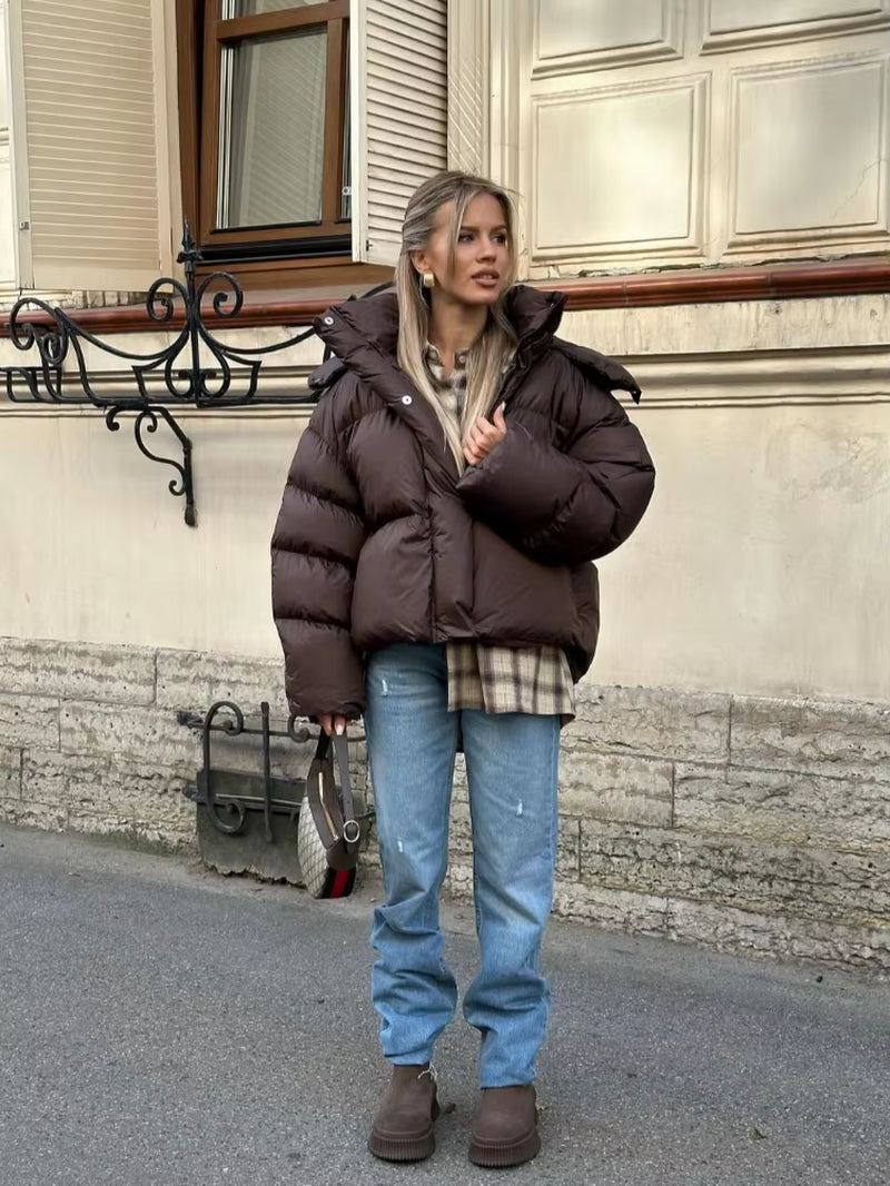 Women Brown Hooded Cotton Coat Fashion Lapel Full Sleeve Zipper Button Warm Loose Short Coats Lady Winter Casual Street Outwear