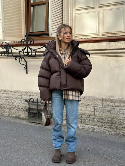 Women Brown Hooded Cotton Coat Fashion Lapel Full Sleeve Zipper Button Warm Loose Short Coats Lady Winter Casual Street Outwear