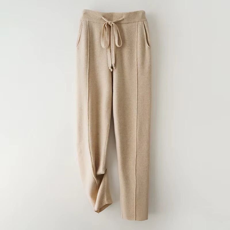 Autumn Winter Women'S Wool Pants Heavyweight Knitted Casual Pants Women Solid Color Drawstring Straight Warm Trousers 100% Wool