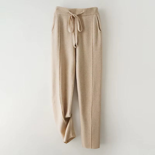 Autumn Winter Women'S Wool Pants Heavyweight Knitted Casual Pants Women Solid Color Drawstring Straight Warm Trousers 100% Wool