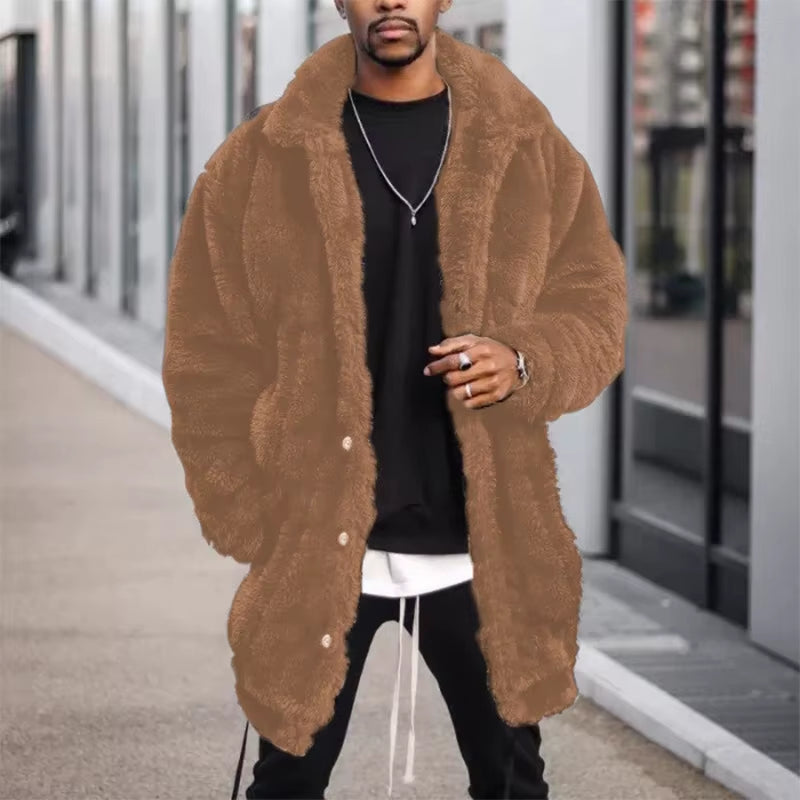 Men'S Winter Fleeced Lengthen Jacket Casual Streetwear Solid Color Loose Button-Down Long Sleeve Premium Plush Coats 2025 New
