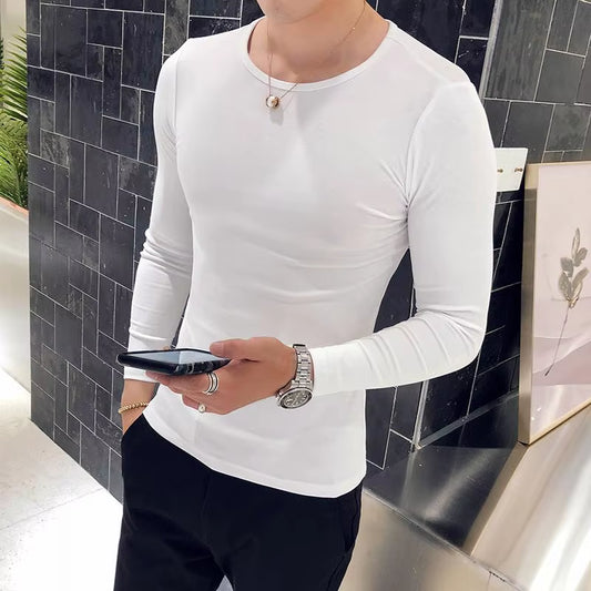 T Shirt for Men British Style O-Neck Men'S T-Shirts Long Sleeve All Match Luxury Slim Fit Casual Elastic Tops&Tees Streetwear
