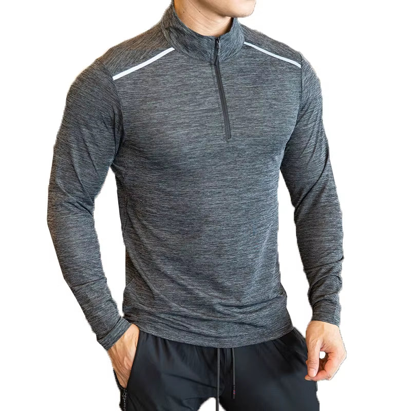 Quick Dry Breathable Running Shirt Men Bodybuilding Sport T-Shirt Long Sleeve Gym Fitness Zipper Stand Collar Autumn Winter