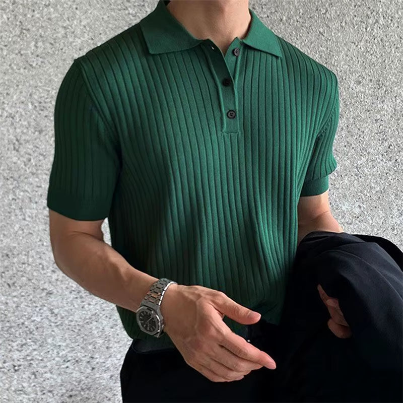New Men Korean Style Polo Shirt Luxury Leisure Knited T-Shirt Casual Striped Solid Color Short Sleeve Breathable Retro Knitwear