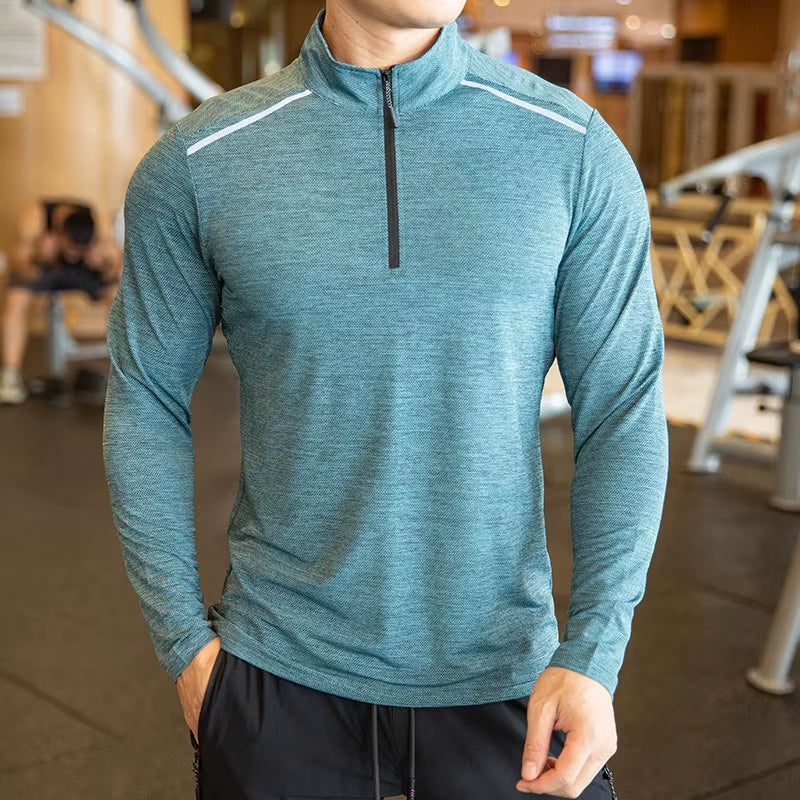 Quick Dry Breathable Running Shirt Men Bodybuilding Sport T-Shirt Long Sleeve Gym Fitness Zipper Stand Collar Autumn Winter