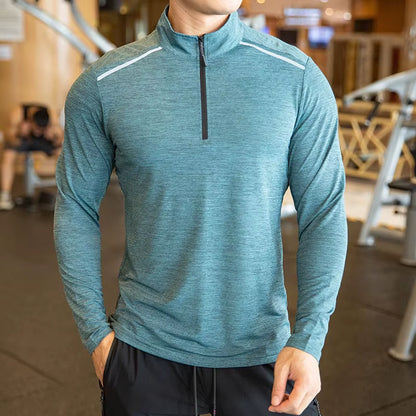 Quick Dry Breathable Running Shirt Men Bodybuilding Sport T-Shirt Long Sleeve Gym Fitness Zipper Stand Collar Autumn Winter