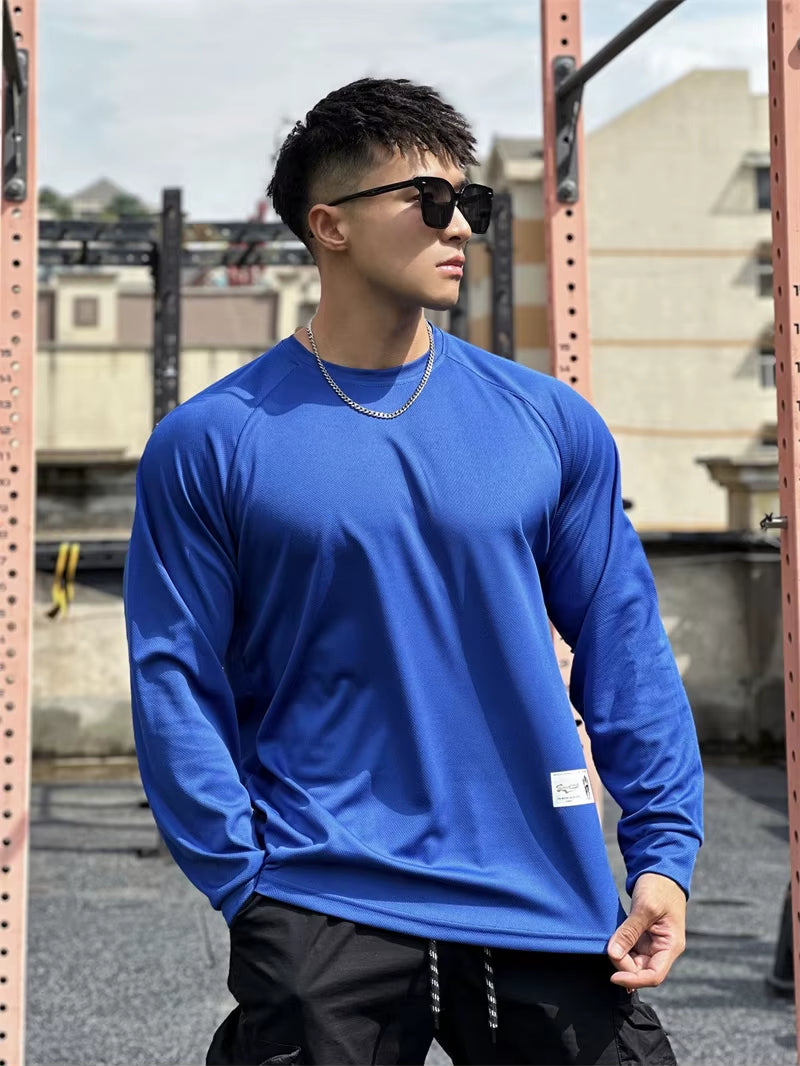Men Long Sleeved T-Shirt Crew Neck Stretch Fitness Suit Gym Running Training Bodybuilding T-Shirt Men Clothing Bottoming Shirt