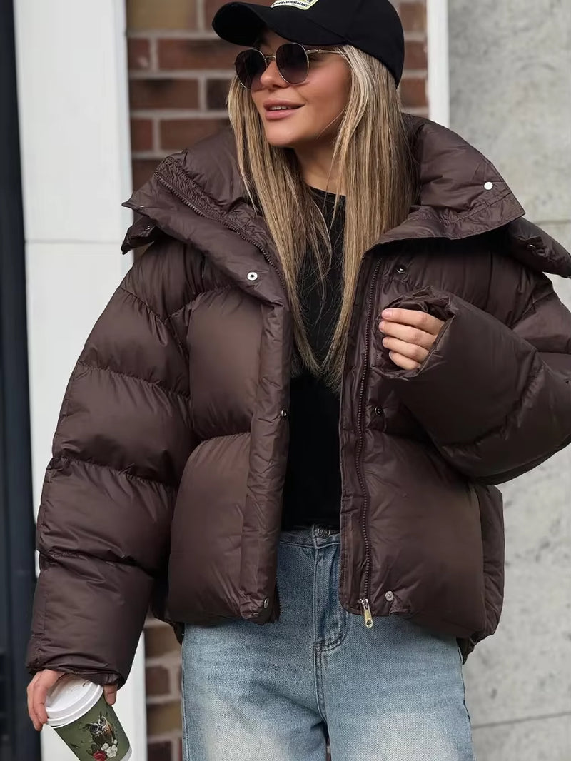 Women Brown Hooded Cotton Coat Fashion Lapel Full Sleeve Zipper Button Warm Loose Short Coats Lady Winter Casual Street Outwear