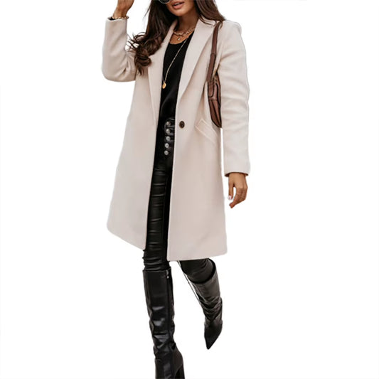 HOT SALES New Arrival Casual Women Autumn Winter Pocket Lapel Overcoat Button Warm Long Coat Jacket Khaki/Light Grey/Black/Beige