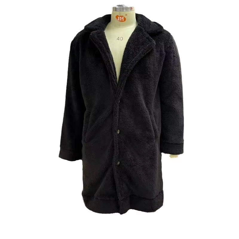 Men'S Winter Fleeced Lengthen Jacket Casual Streetwear Solid Color Loose Button-Down Long Sleeve Premium Plush Coats 2025 New