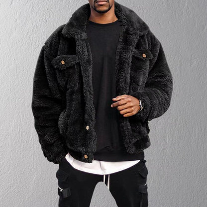 Leisure Men Coat Cozy Winter Jacket Thermal Chest Pockets Jackets Thickened Velvet Men Jacket Plush Fluffy Hip-Hop Style Jacket
