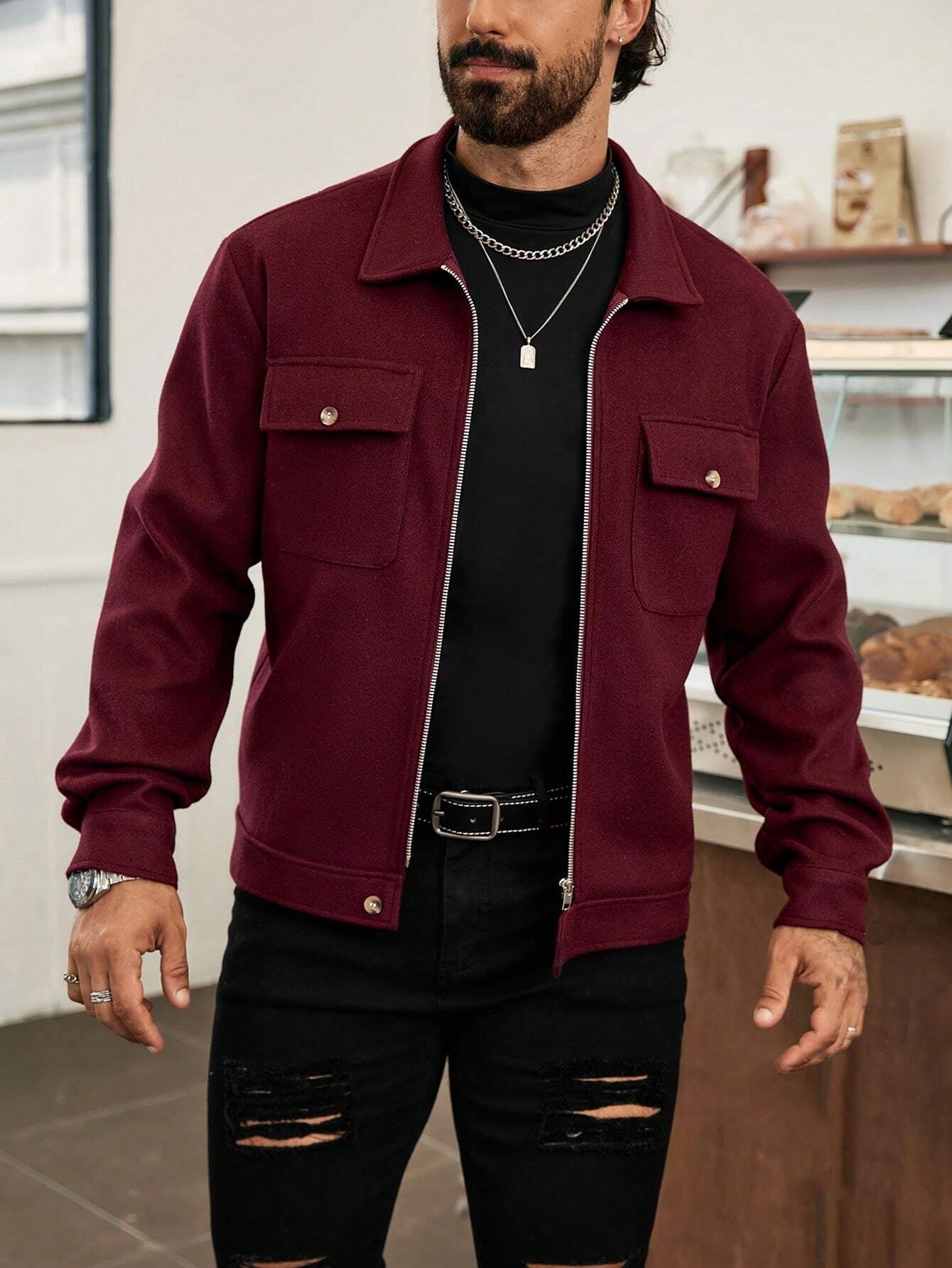 Manfinity Homme Men'S Casual Solid Color Short Style Jacket, Autumn , Red Winter Men Jacket, Fall , Men'S Long Sleeve Zip up Jacket, Burgundy Jacket Men, Christmas