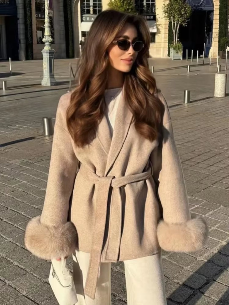 Elegant Lace up Woolen Short Coat Solid Loose Lapel Furry Belt Long Sleeve Jacket Female 2025 Autumn Winter Lady Chic Cardigan