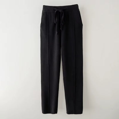 Autumn Winter Women'S Wool Pants Heavyweight Knitted Casual Pants Women Solid Color Drawstring Straight Warm Trousers 100% Wool
