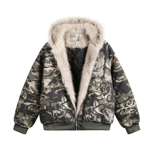 Thickened American Washed Camouflage Hooded Jacket Cotton Coat 2025 Winter New Style Men'S Padded Fur Collar Coat Youth Popular