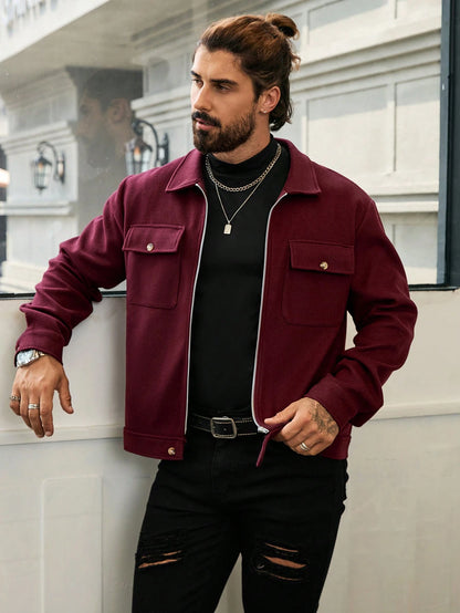 Manfinity Homme Men'S Casual Solid Color Short Style Jacket, Autumn , Red Winter Men Jacket, Fall , Men'S Long Sleeve Zip up Jacket, Burgundy Jacket Men, Christmas