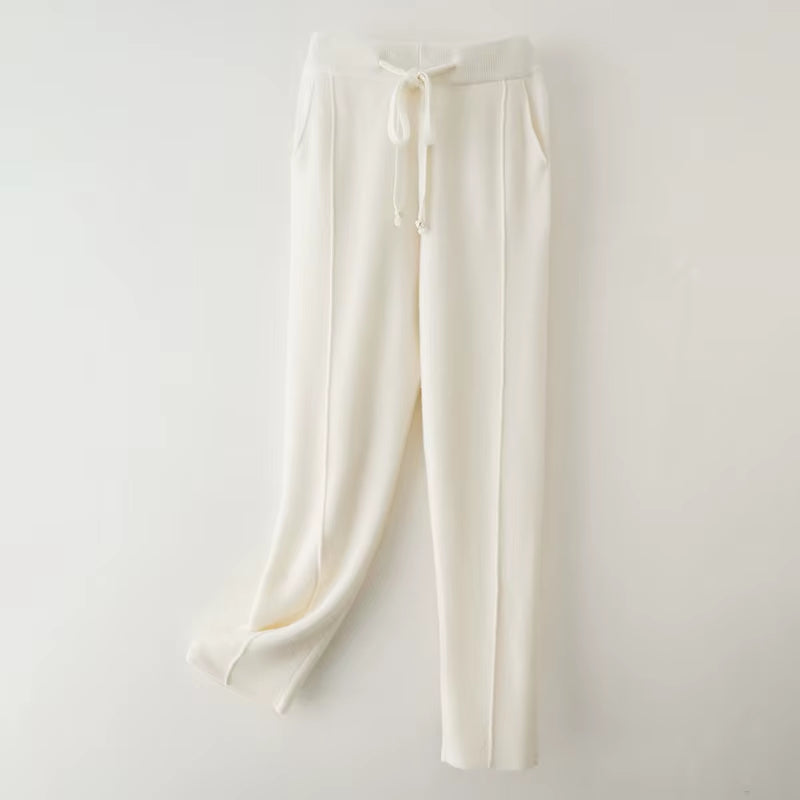 Autumn Winter Women'S Wool Pants Heavyweight Knitted Casual Pants Women Solid Color Drawstring Straight Warm Trousers 100% Wool