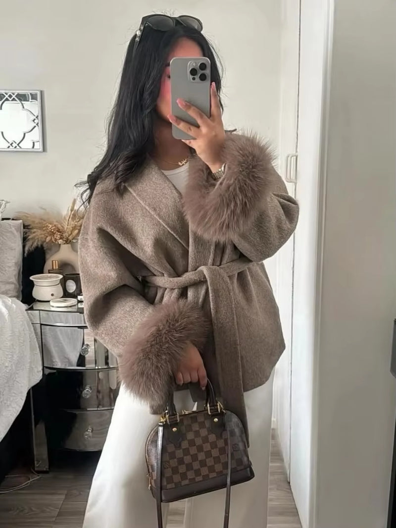 Elegant Lace up Woolen Short Coat Solid Loose Lapel Furry Belt Long Sleeve Jacket Female 2025 Autumn Winter Lady Chic Cardigan