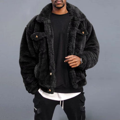 Leisure Men Coat Cozy Winter Jacket Thermal Chest Pockets Jackets Thickened Velvet Men Jacket Plush Fluffy Hip-Hop Style Jacket
