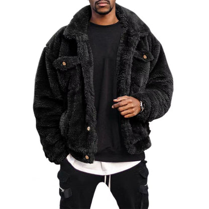 Leisure Men Coat Cozy Winter Jacket Thermal Chest Pockets Jackets Thickened Velvet Men Jacket Plush Fluffy Hip-Hop Style Jacket