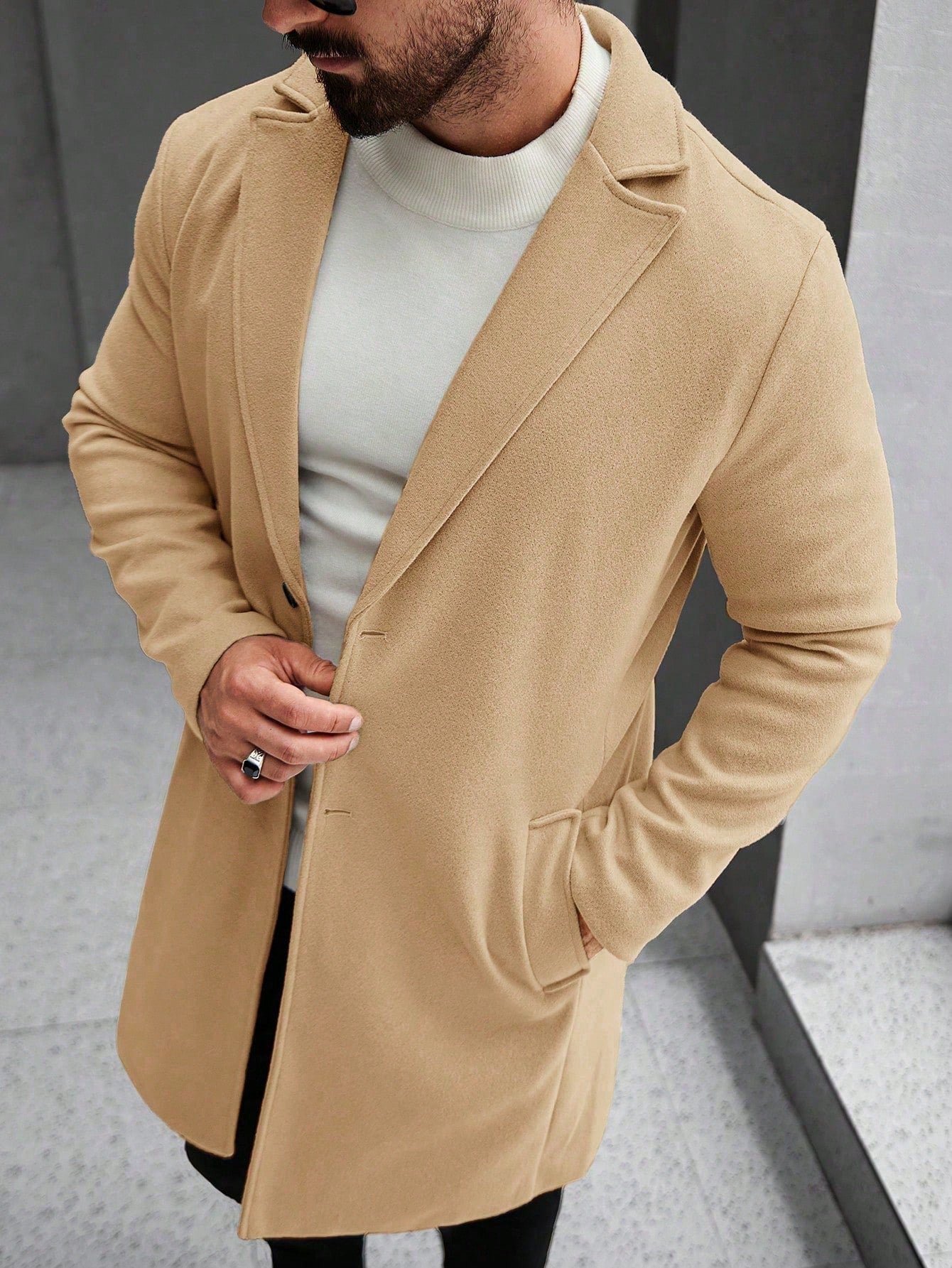 Manfinity Homme Men'S Solid Color Pocket & Button Front Long Sleeve Overcoat, Autumn Fall Clothes