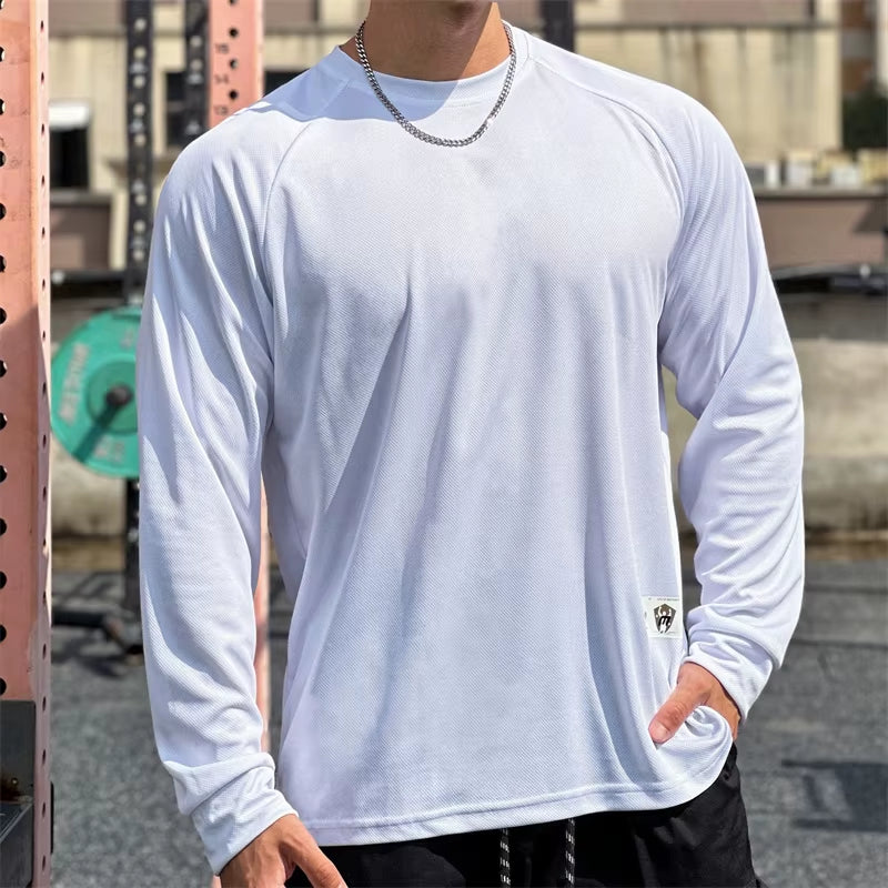 Men Long Sleeved T-Shirt Crew Neck Stretch Fitness Suit Gym Running Training Bodybuilding T-Shirt Men Clothing Bottoming Shirt