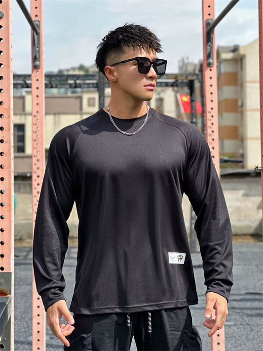 Men Long Sleeved T-Shirt Crew Neck Stretch Fitness Suit Gym Running Training Bodybuilding T-Shirt Men Clothing Bottoming Shirt