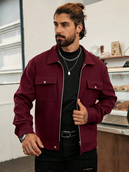 Manfinity Homme Men'S Casual Solid Color Short Style Jacket, Autumn , Red Winter Men Jacket, Fall , Men'S Long Sleeve Zip up Jacket, Burgundy Jacket Men, Christmas