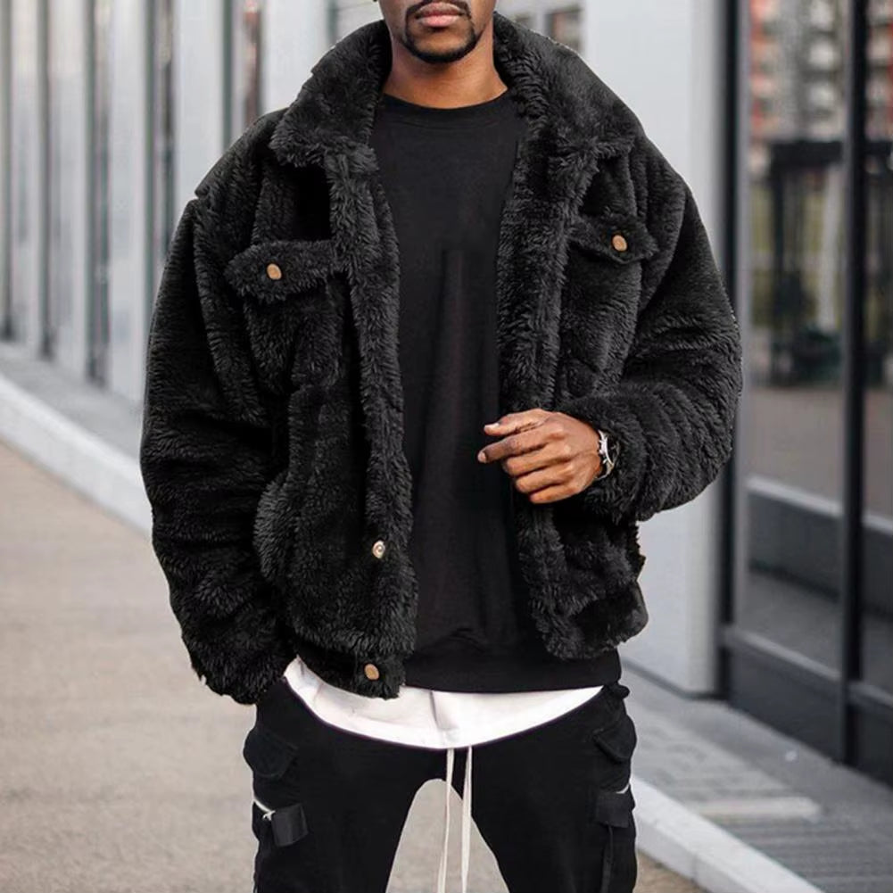 Leisure Men Coat Cozy Winter Jacket Thermal Chest Pockets Jackets Thickened Velvet Men Jacket Plush Fluffy Hip-Hop Style Jacket