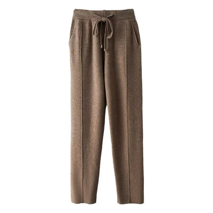 Autumn Winter Women'S Wool Pants Heavyweight Knitted Casual Pants Women Solid Color Drawstring Straight Warm Trousers 100% Wool
