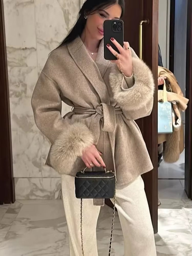 Elegant Lace up Woolen Short Coat Solid Loose Lapel Furry Belt Long Sleeve Jacket Female 2025 Autumn Winter Lady Chic Cardigan