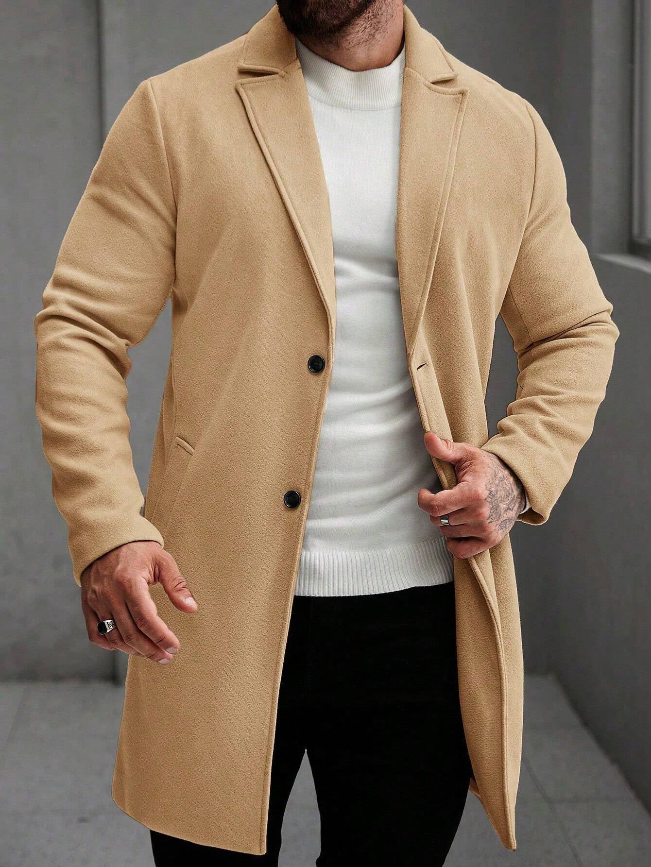 Manfinity Homme Men'S Solid Color Pocket & Button Front Long Sleeve Overcoat, Autumn Fall Clothes