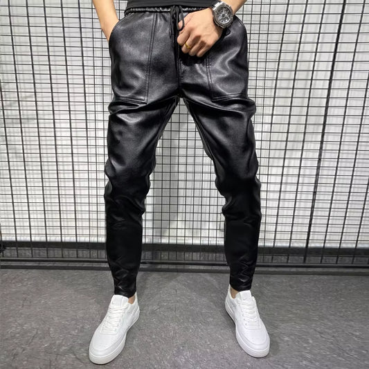 PU Leather Motorcycle Pants Men High Quality Winter Korean Luxury Clothing Big Size Windproof Casual Warm Men'S Trousers Black