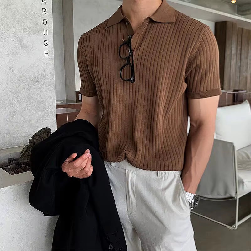 New Men Korean Style Polo Shirt Luxury Leisure Knited T-Shirt Casual Striped Solid Color Short Sleeve Breathable Retro Knitwear