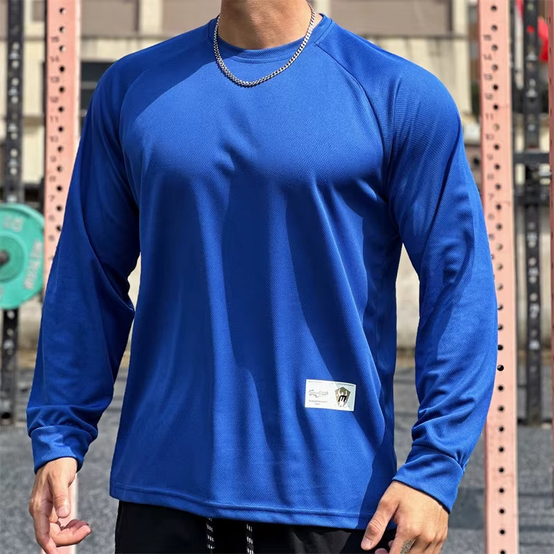 Men Long Sleeved T-Shirt Crew Neck Stretch Fitness Suit Gym Running Training Bodybuilding T-Shirt Men Clothing Bottoming Shirt
