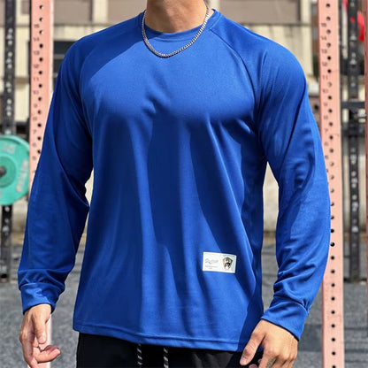 Men Long Sleeved T-Shirt Crew Neck Stretch Fitness Suit Gym Running Training Bodybuilding T-Shirt Men Clothing Bottoming Shirt